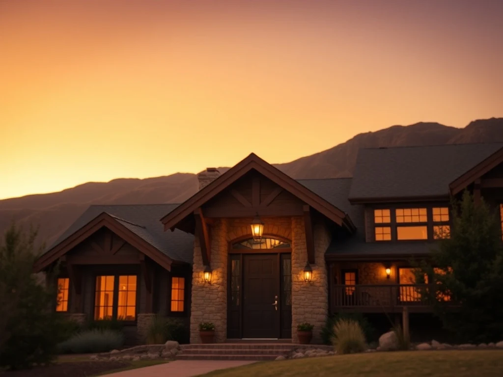 Foothills home near Bellvue, Colorado at dusk with mountains behind