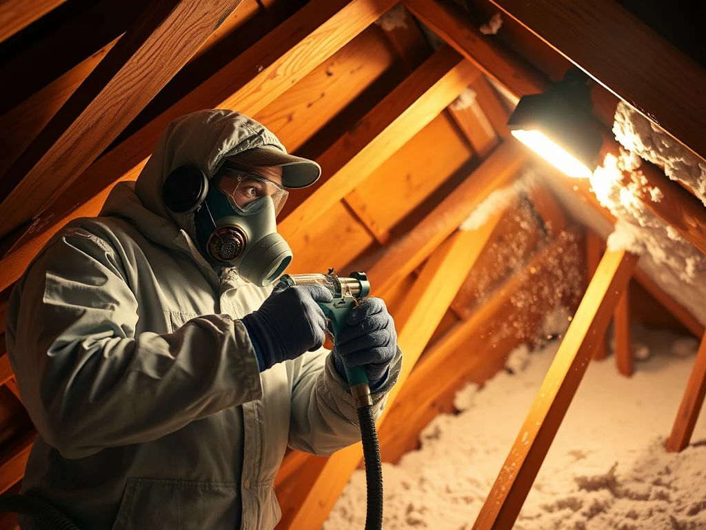 Insulation contractor spray-foaming an attic rafter near Bellvue, Colorado